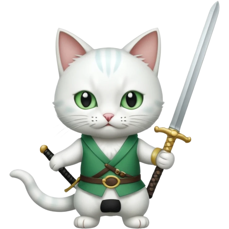 un gato blanco con reeferencia a rororoa zoro "una espada en cada mano y una en la boca" emoji