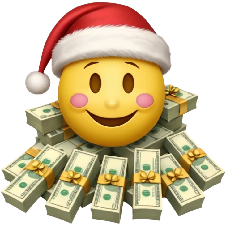 A festive 3D emoji style yellow smiley face wearing a Santa hat, surrounded by stacks of cash and dollar bills, joyful expression, Christmas and New Year theme, high quality, clean design, studio lighting, no text, no background, isolated object, transparent background, emojis.com style emoji