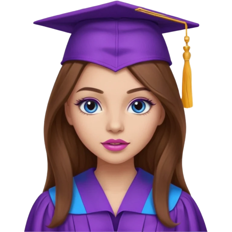 girl with beautiful long brown hair, blue eyes, long lashes makeup, sexy pink lips, wearing a purple graduation cap and gown emoji