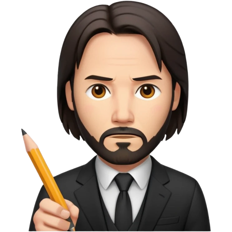 john wick as an apple-style emoji, with a pencil, black suit, beard, determined expression emoji