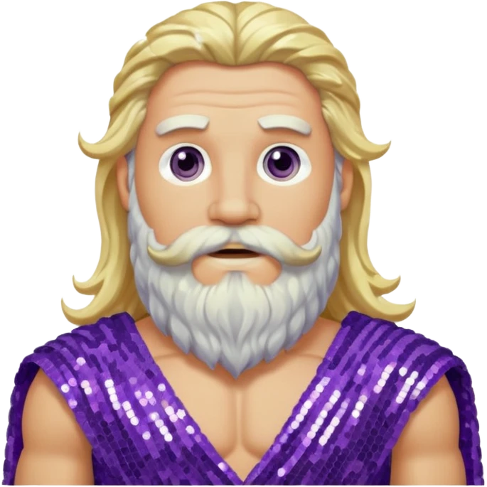 Zeus from Olympus Gods with long blonde wavy hair and beard, purple sequin loincloth emoji