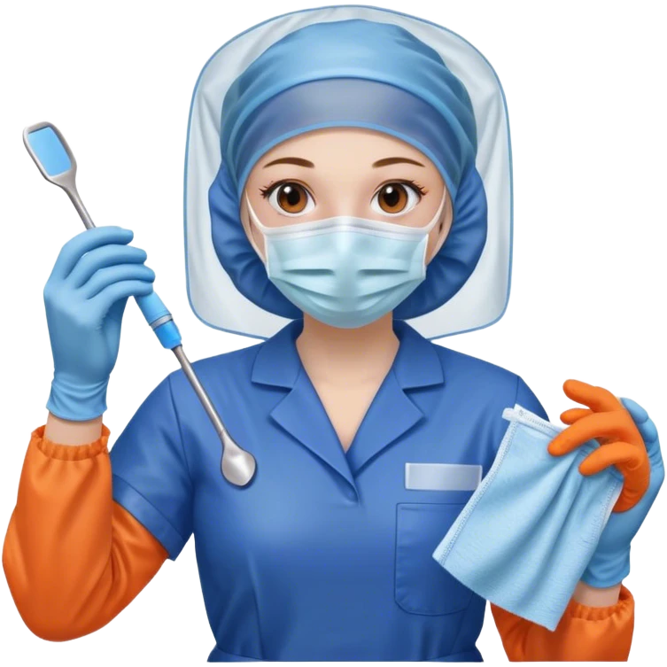 A meticulous cleanroom worker dressed in full protective gear, including a blue sterile suit, a face mask, a hairnet, and orange gloves.  wipe  in her hand. emoji