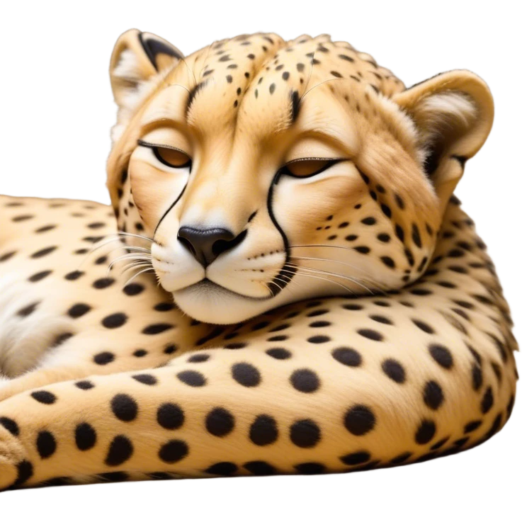 Meme-Worthy Cute Sleeping Cheetah Portrait Emoji, Head resting peacefully with a contented smile, showcasing a lean, muscular build and a luxuriously soft golden spotted Fur, eyes shut in a serene, restful nap, Simplified yet hilariously adorable features, highly detailed, glowing with a soft, drowsy light, high shine, relaxed and utterly lovable, stylized with an air of playful laziness, bright and heartwarming, soft glowing outline, capturing the essence of a comically sleepy cheetah, so meme-worthy it feels like it could instantly become the next viral sensation of adorable slumber! emoji