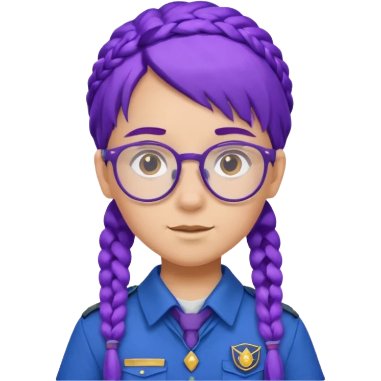 blue uniform wearing scout kid with braids and glassess with hat purple haired emoji