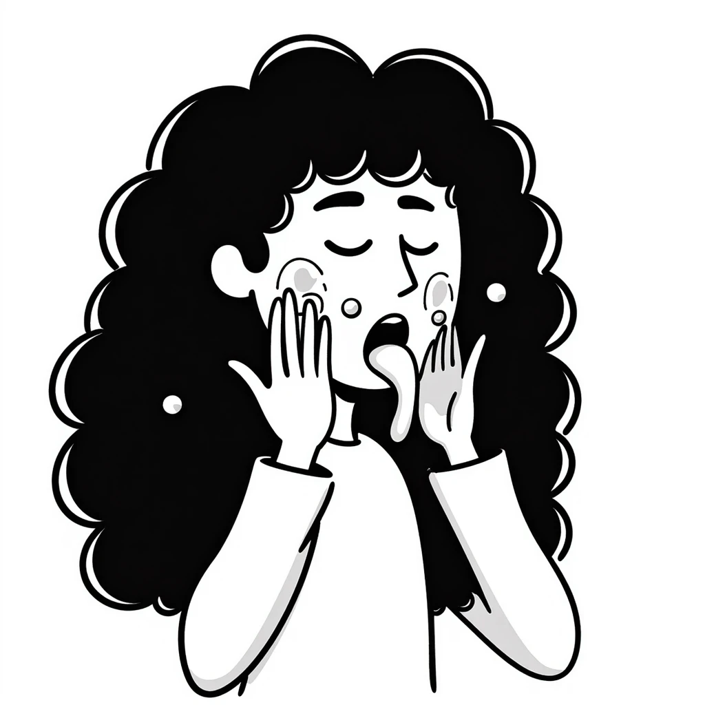 surprised disgusted woman with long messy curly black hair, thick goopy white liquid on cheeks, lips, tongue, tongue out, eyes shut, gunk dripping and matting hair emoji