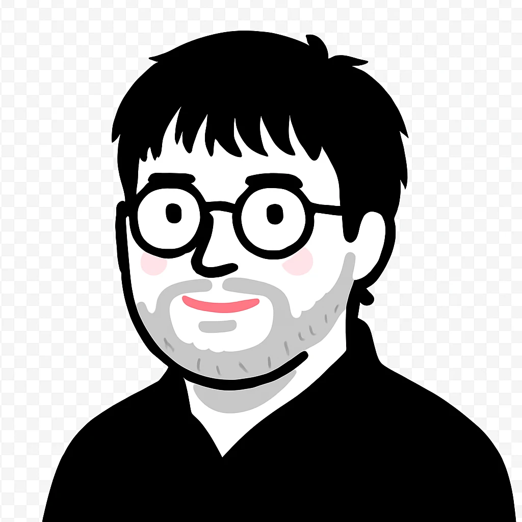 A man with round glasses, longer tousled messy hair with straight bangs, a full round face, a broader nose bridge, and a soft short beard emoji