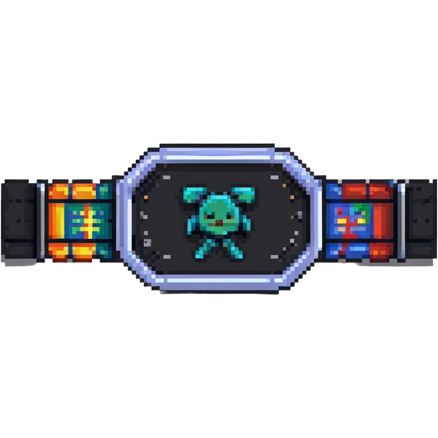 A pixel art championship belt with coding symbols for hackathon winner emoji