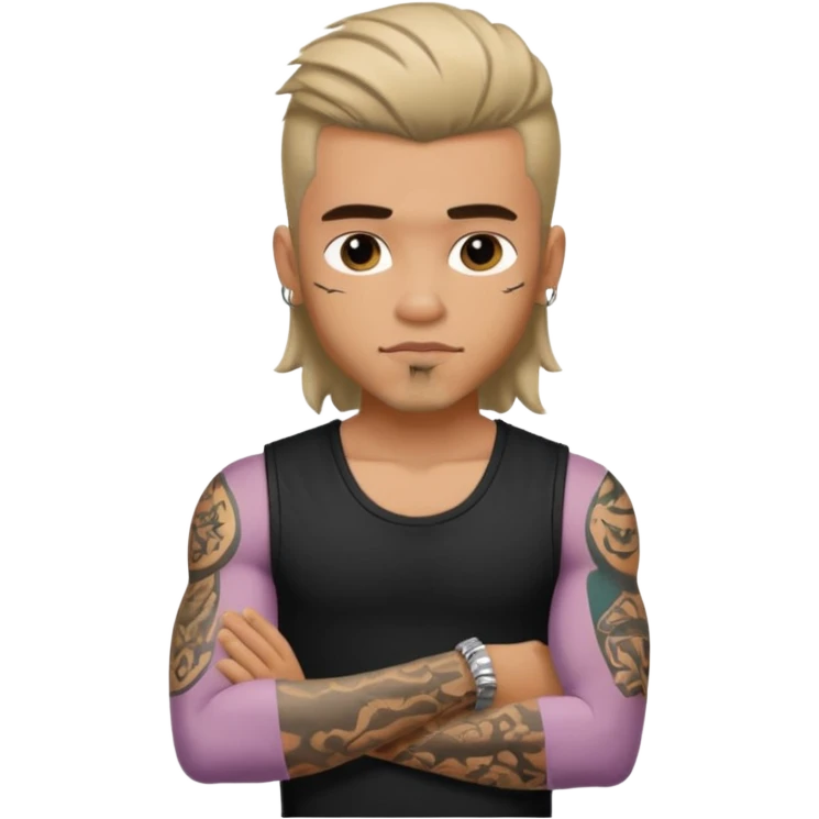 a pretty bratz guy with mullet and a sleeveless black top with tattoos on arm emoji