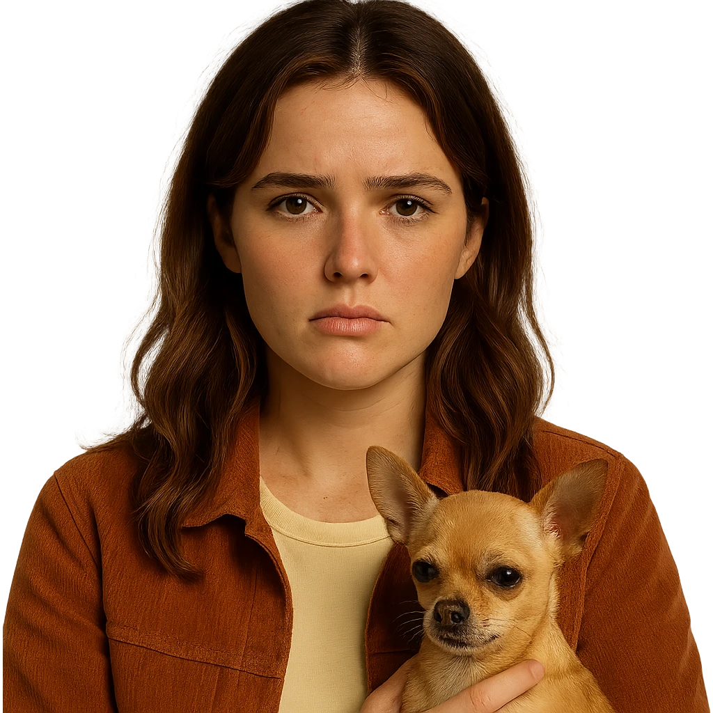 Portrait centered for Instagram profile picture, inspired by the facial features visible in the reference images, with a tanned complexion, subtle freckles, shirt color #FFF8CA, rust-colored jacket, medium-length brown hair with auburn highlights, disappointed and disillusioned expression, holding a beige-brown chihuahua, Netflix series style, transparent background, intimate Tenerife ambiance. emoji