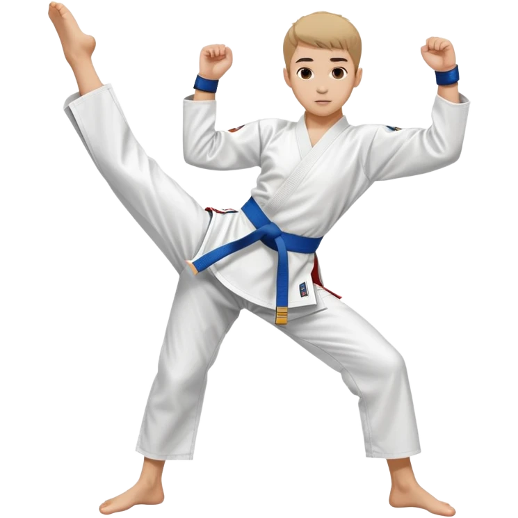teenager performing a high kick in a white Tae Kwon Do uniform with a colored belt emoji