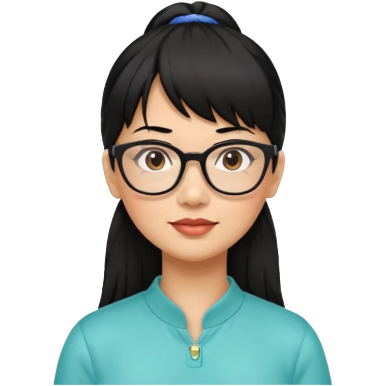 filipino woman black hair in one pony tail with straight bangs and big glasses, 50 yr old emoji