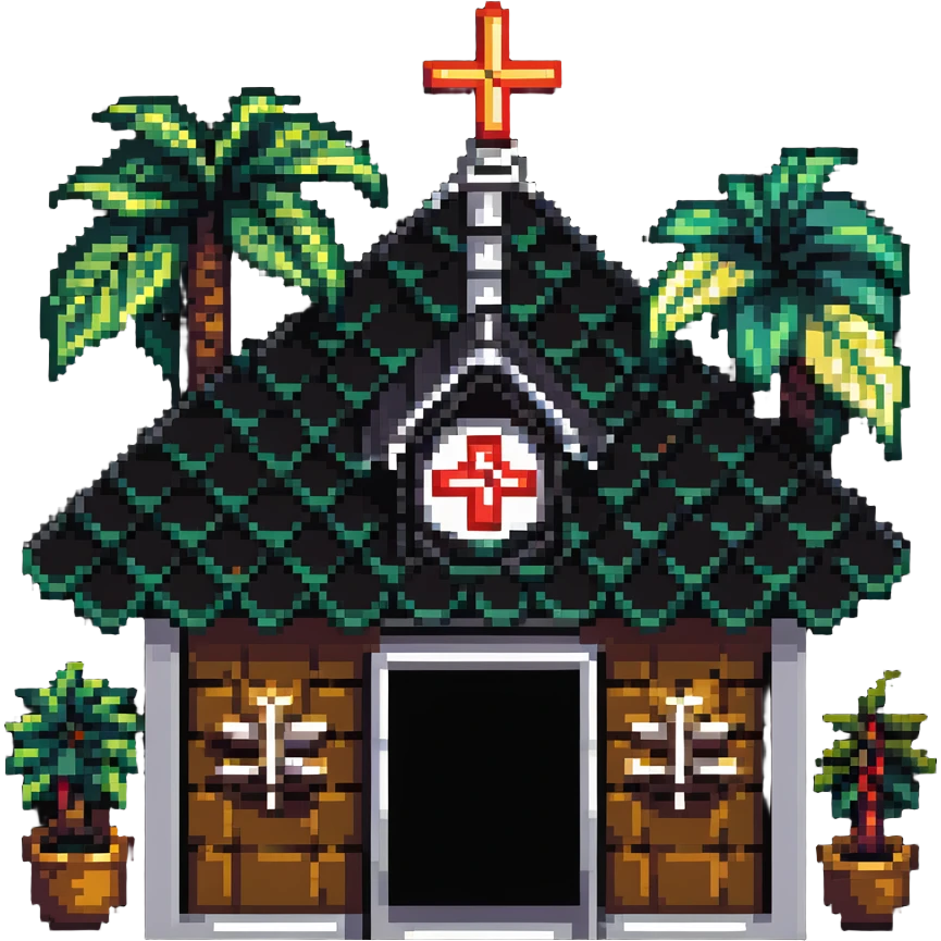 Thai hospital with traditional ornate roof, medical symbol, tropical plants emoji