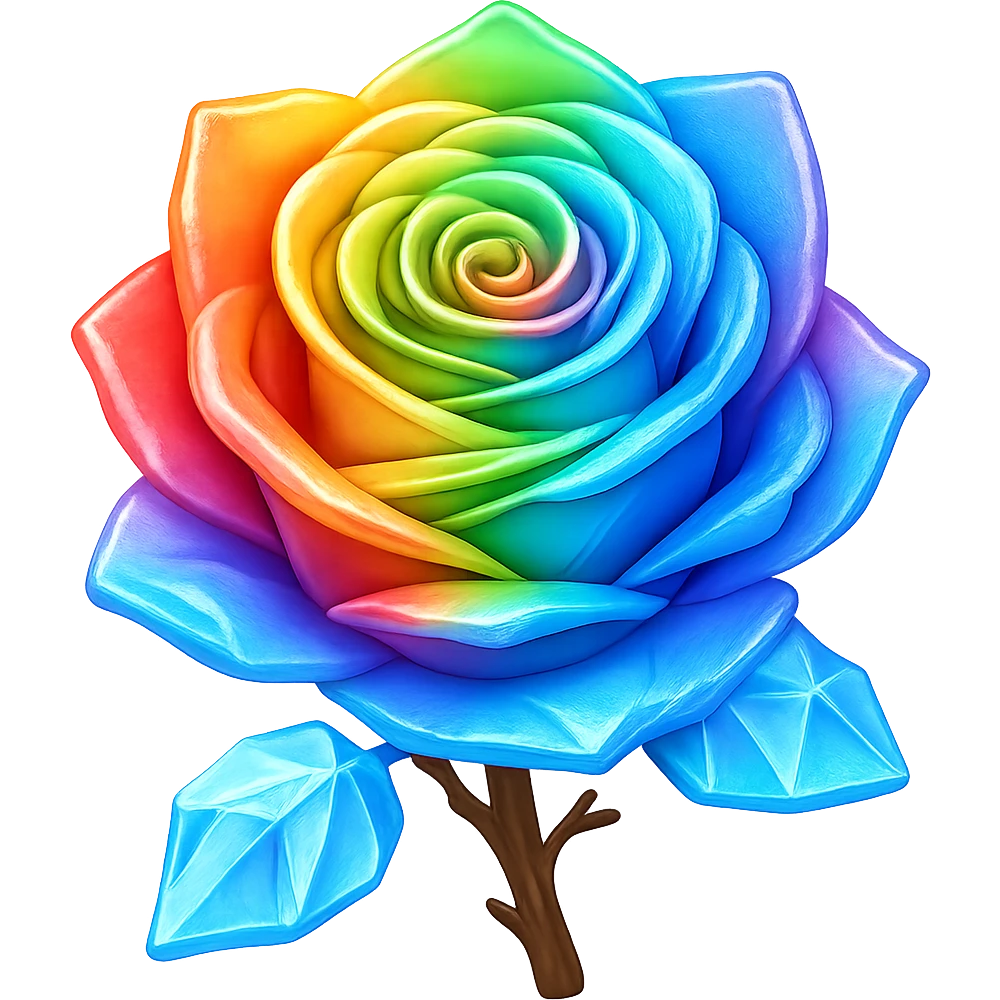 Make the rose made of ice rainbow colored in the style of emoji (apple style emojis). Remove the background. emoji