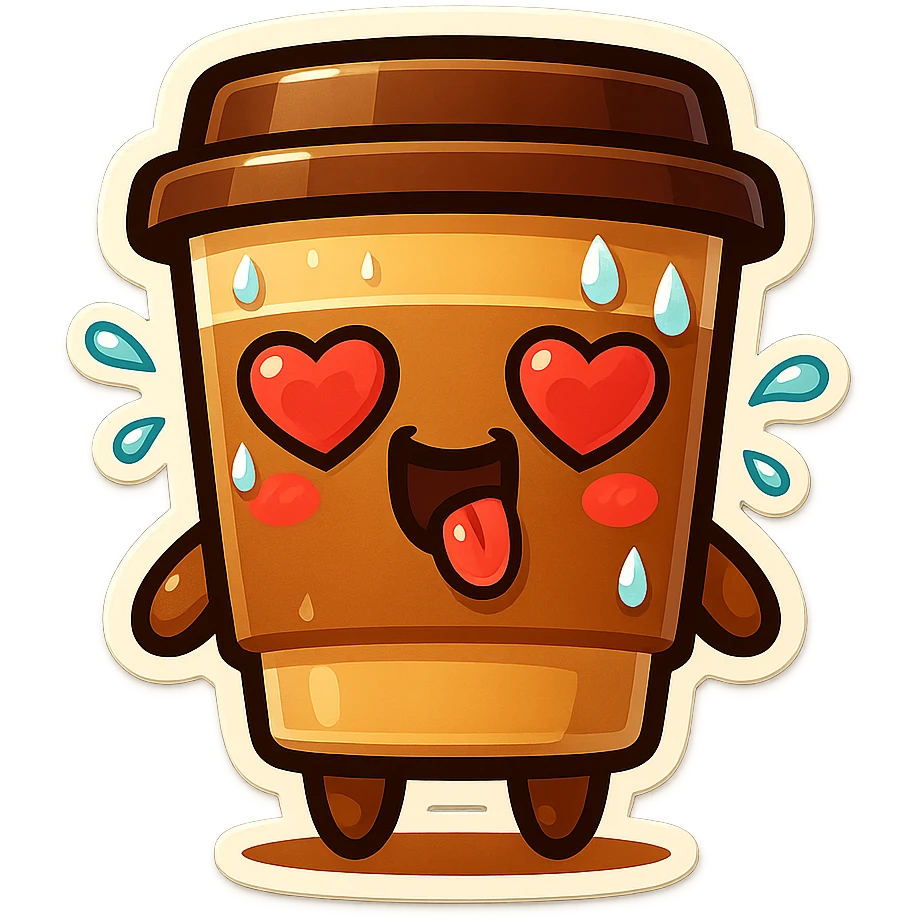 Tall coffee cup, sweating, mouth open, heart eyes, tongue on ground emoji