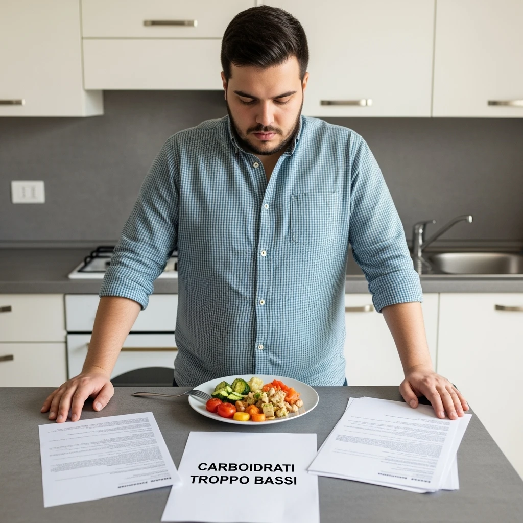 Uomo sui 35 anni in cucina, con espressione affaticata e spenta, guarda un piatto con pochissimi carboidrati (solo qualche verdura e proteine). Accanto a lui, fogli con una dieta rigida e una scritta visibile: 'Carboidrati troppo bassi'. emoji