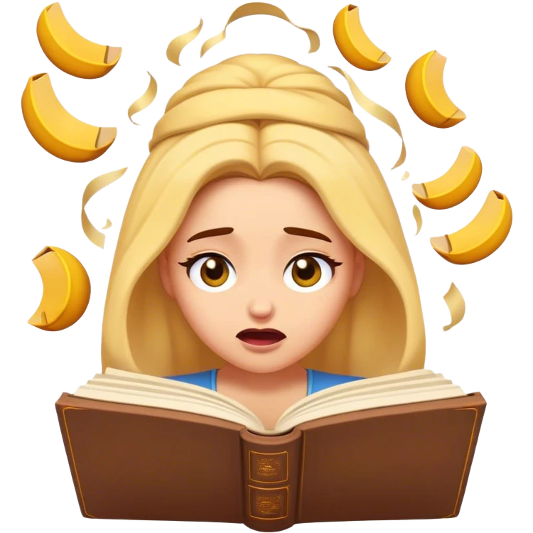 Cinematic Funny Belle Portrait Emoji, Looking exasperated as a book lands on her head, one eye twitching, caught in a hilariously relatable moment of book-lover clumsiness! emoji