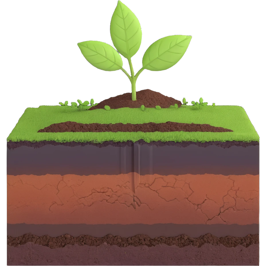 A fresh green leaf resting on the surface of a cross-section of the Earth, where soil and underground layers are visible beneath. Natural lighting, realistic textures. emoji