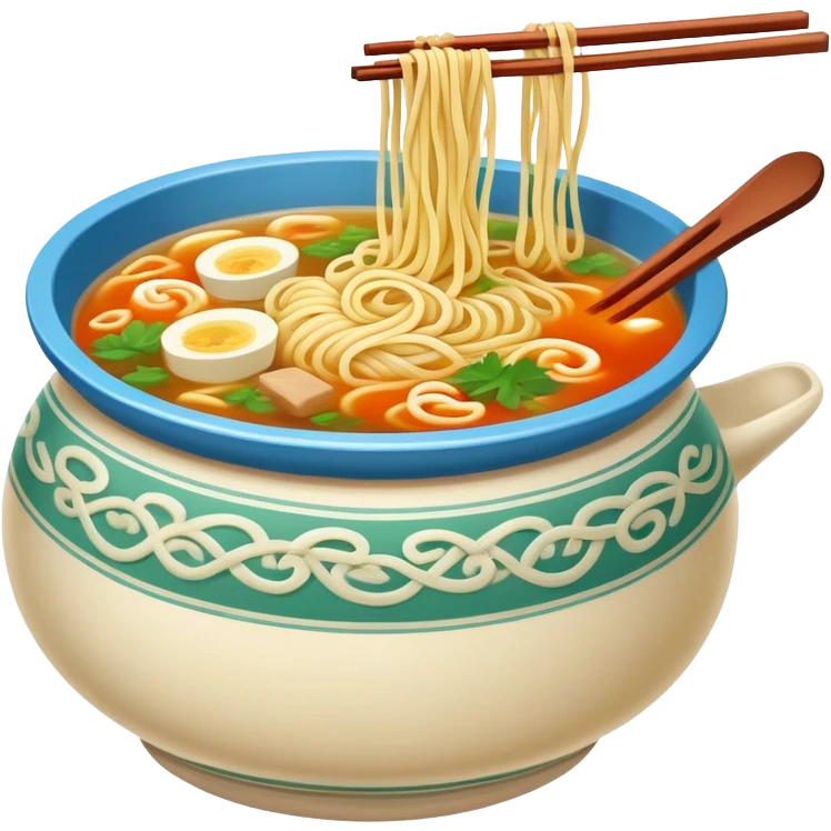 Yunnan Crossing the Bridge Noodles with raw ingredients and hot broth in special pot, simplified emoji style with bold outlines and bright colors, cartoon style unique serving method emoji