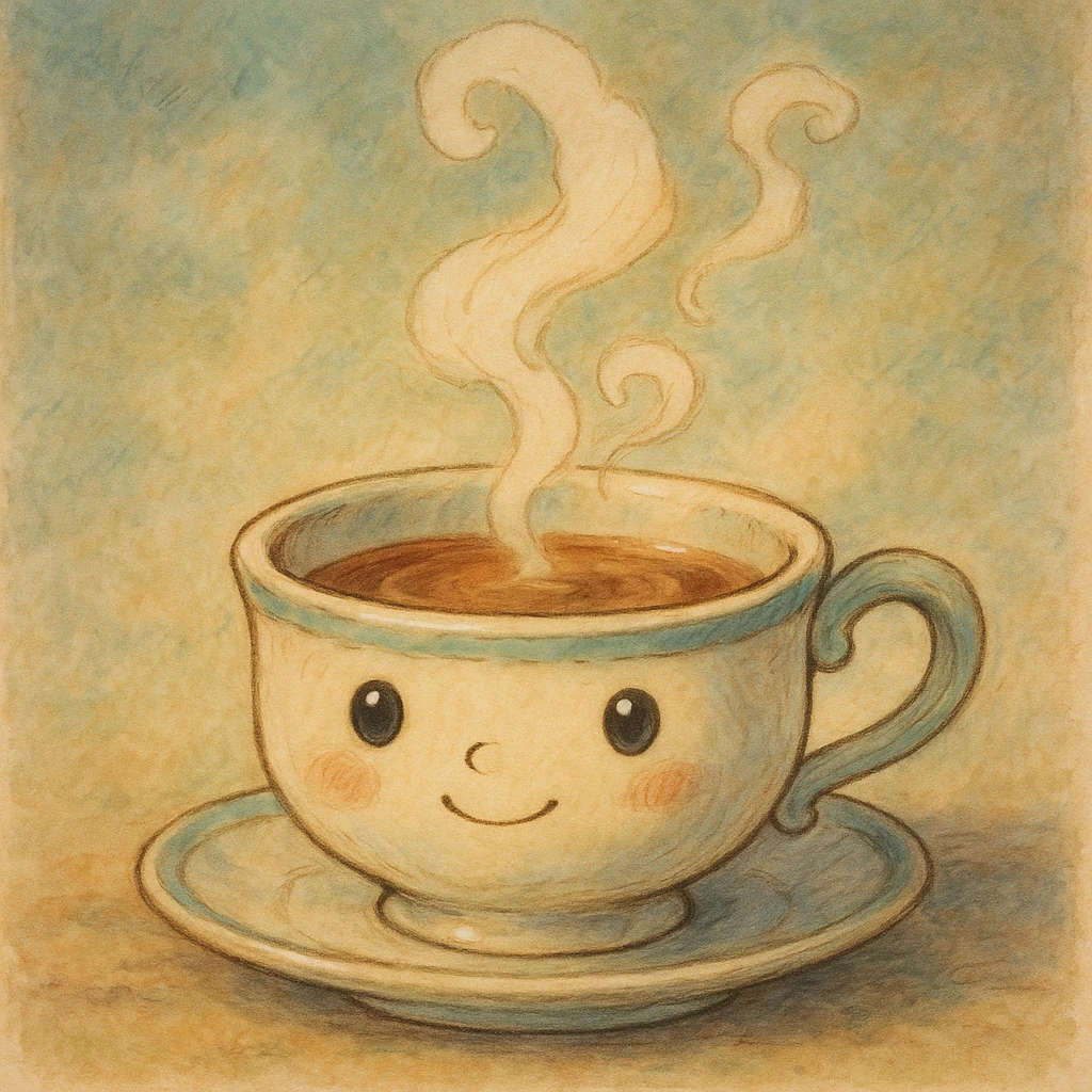 a whimsical teacup with a tiny face and steam, ghibli style emoji