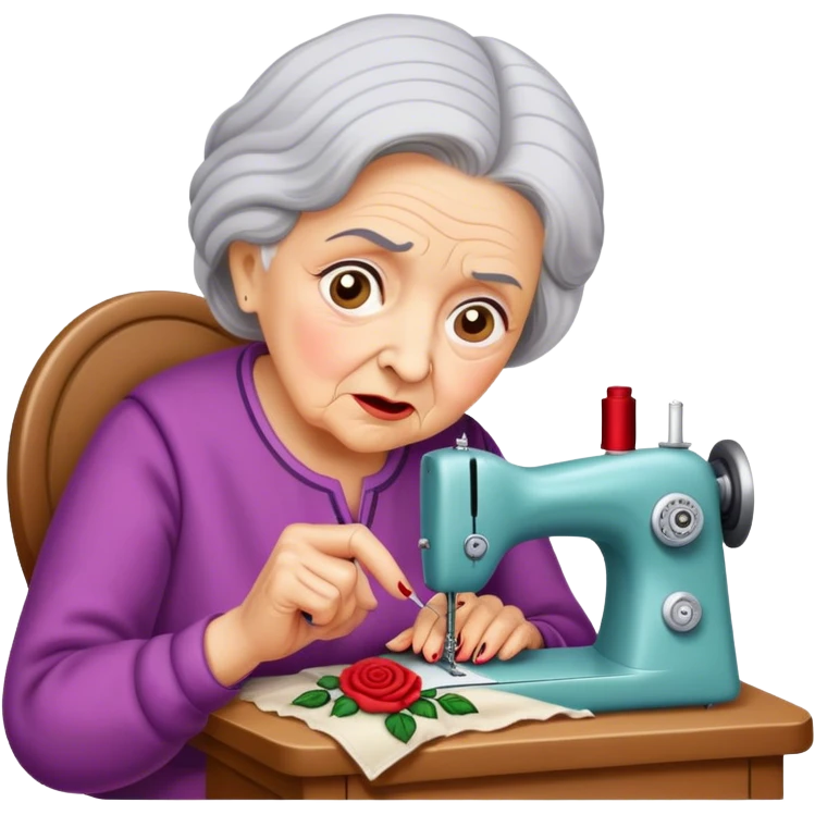 Grandmother pricks finger sewing rose embroidery, shocked, pained, looking forward. emoji