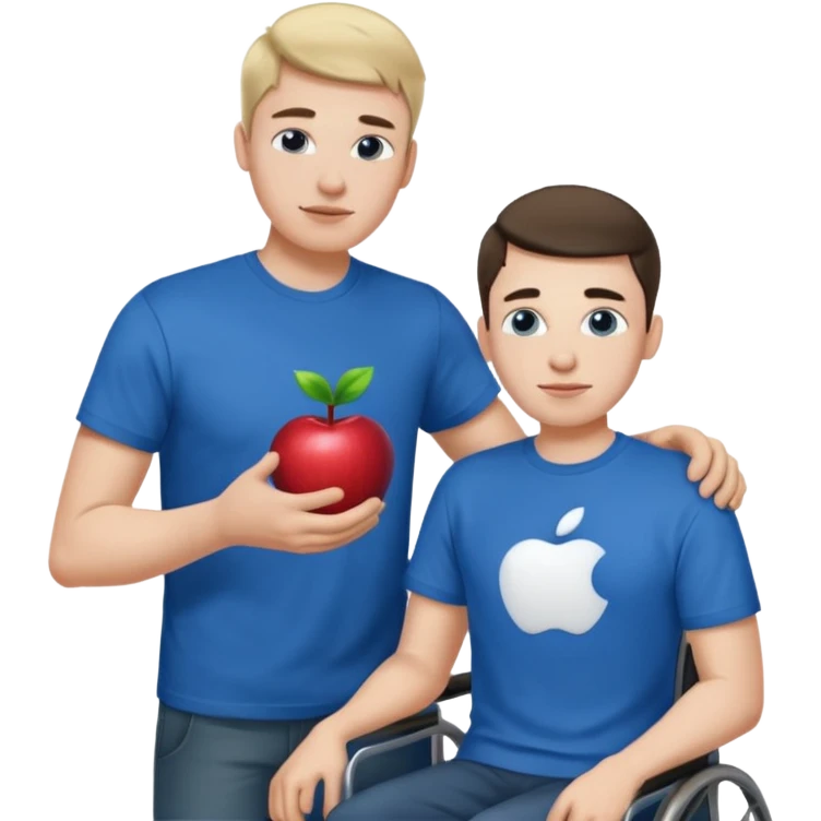 A guy in a blue Apple T-shirt, helping a disabled person who is ugly emoji