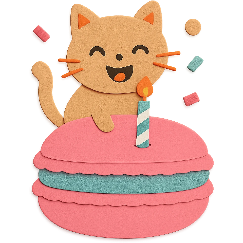 Change the cat to have a laughing face, place 1 candle in the middle of the macaron, and add 3 confetti around it. Keep all other design elements unchanged, paper-craft style emoji