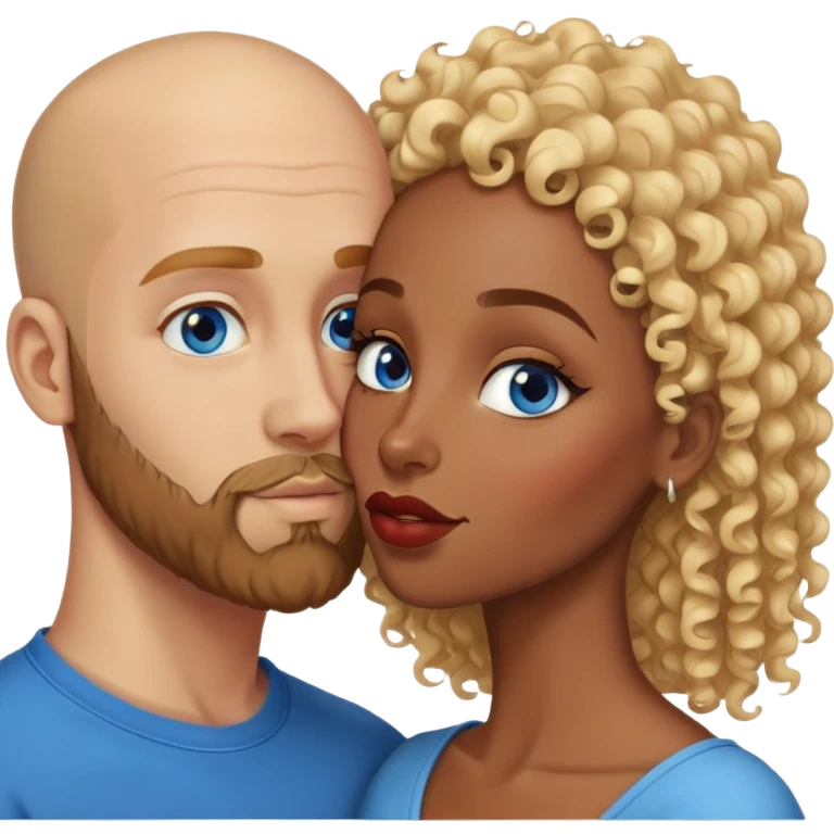 bald head man with brown eyes and beard kissing African woman with blue eyes and curly blonde hair emoji