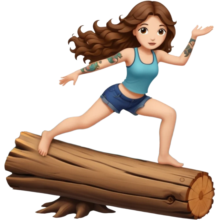 cute woman long wavy brown hair tattoos balancing on log emoji