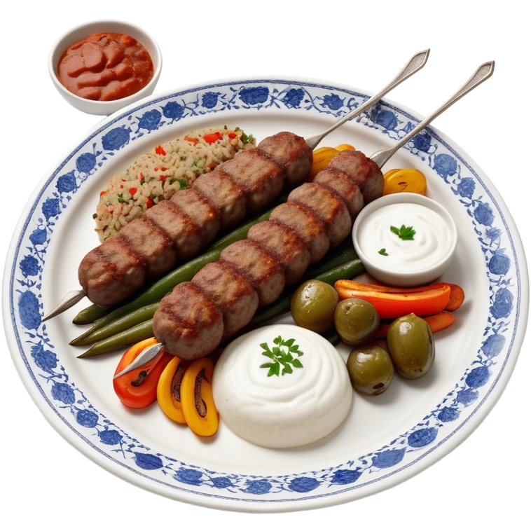 Cinematic Realistic image of a long, hand shaped Turkish Köfte, rendered with richly spiced meat textures and subtle grill marks, artfully arranged on a traditional Turkish ceramic plate alongside classic sides such as a serving of aromatic pilaf, crisp grilled vegetables, and a dollop of creamy yogurt, all bathed in warm, appetizing lighting that emphasizes its savory allure. emoji