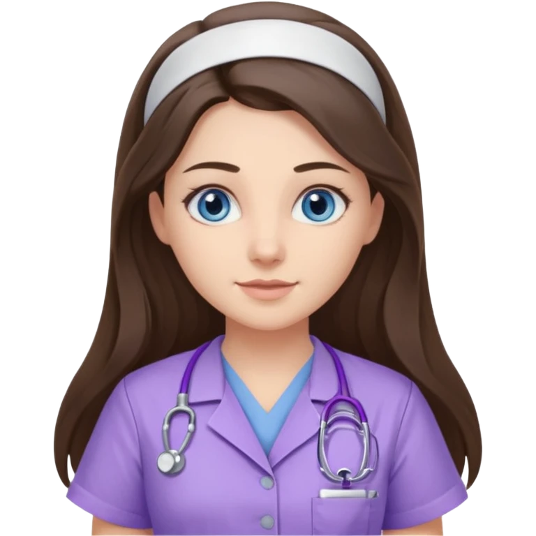 pretty brunette nurse with long hair and blue eyes in lilac scrubs emoji