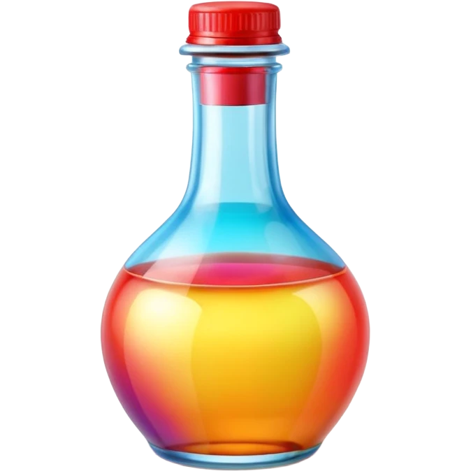A 3D Apple-style beverage bottle emoji, transparent glass filled with colorful liquid (like soda or juice), shiny surface with light reflections, simple round body with a narrow neck and cap, clean minimal background. emoji