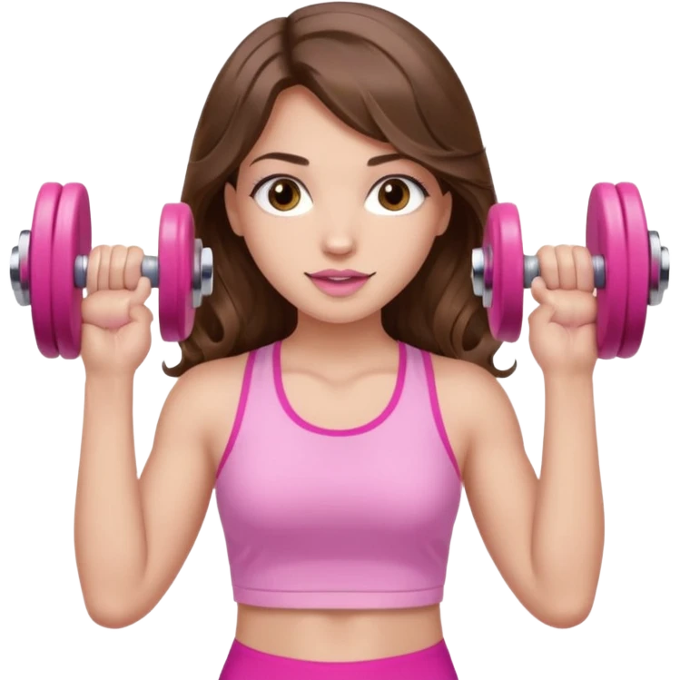 girl with wavy long brown hair, brown eyes, light to medium complexion, long lashes, light pink lipstick, wearing light pink shirt, lifting a pink dumbbells in a sports top emoji