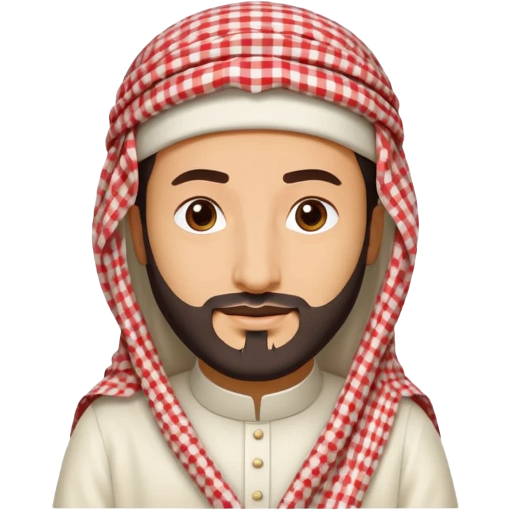 Crown Prince Mohammed bin Salman as an Apple iPhone emoji, clean and soft vector style, round face, simplified facial features, friendly and expressive, wearing a white thobe and red-and-white checkered shemagh, flat colors, minimal shading, high-resolution emoji