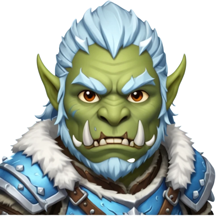 Fantasy Christmas orc portrait icon, frost clan warrior style, winter fur armor, icy details, strong brutal face, snowy battlefield mood, clean emoji style, male/female variant emoji