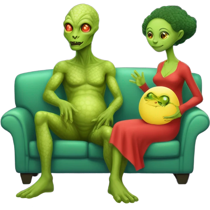 Hyper Realistic: reptilian alien woman in red dress,pregnant, sitting on a jellow couch, and human man white skin emoji