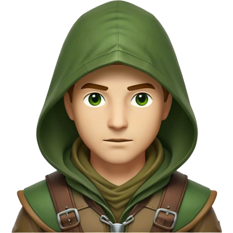 Clash of Clans aesthetic friendly Ranger Portrait Emoji, With a lean, agile build clad in earth-toned leather and green accents, a keen, focused gaze and a weathered hood shadowing determined eyes, his face rendered in a natural skin tone (not yellow), Simplified yet sharply defined features, highly detailed, glowing with a soft, natural woodland radiance, high shine, intelligent and resolute, stylized with an air of forest guardian authority, focused and alert, soft glowing outline, capturing the essence of a confident ranger ready to defend the wild with stealth and valor! emoji