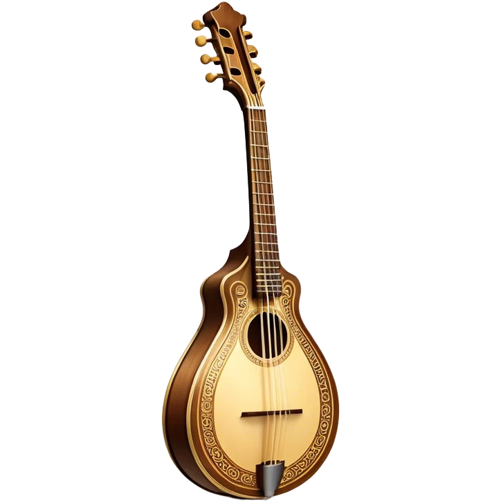 Bouzouki – Cinematic Realistic Bouzouki, depicted as a beautifully crafted Greek string instrument with a long neck and ornate fretwork, its polished wooden body reflecting warm golden light, set on a rustic background with soft shadows that evoke traditional Mediterranean music. emoji