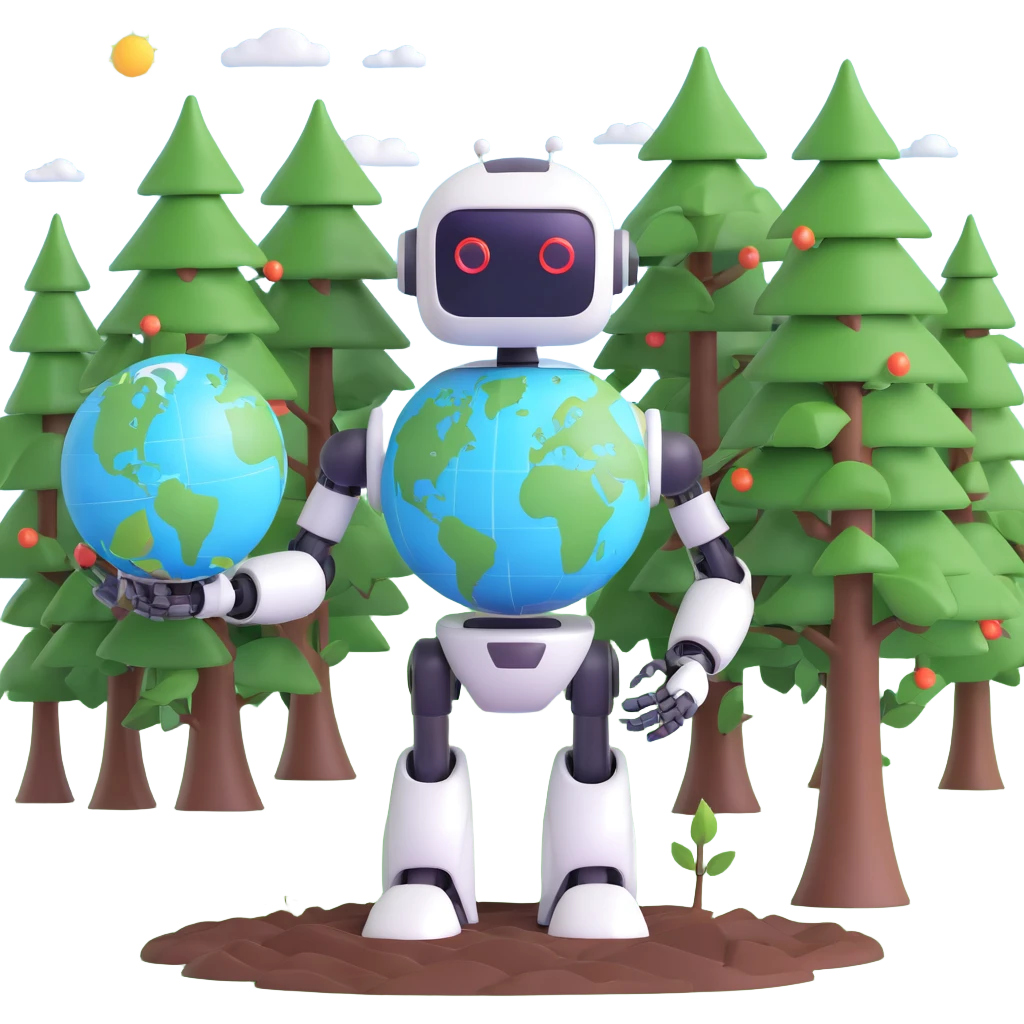 emoji showing a robot holding a globe with trees and solar panels symbolizing AI and natural resources emoji