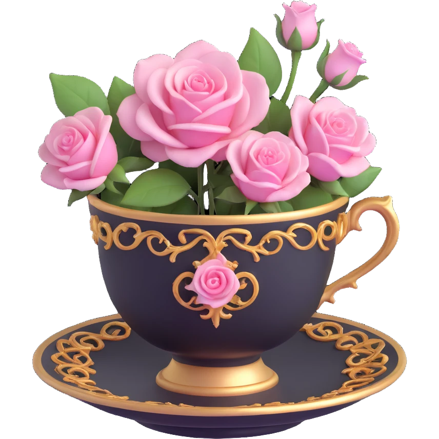 3D gothic teacup with pink roses, ornate and elegant emoji