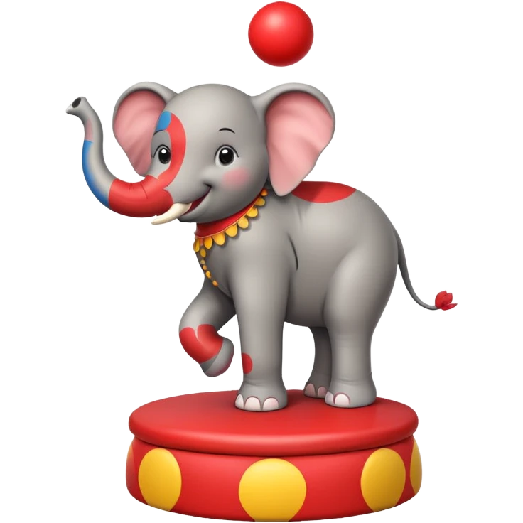 Create a cute emoji of a smiling cartoon elephant balancing a red patterned ball on its trunk while standing on a colorful circus platform. Use a simple, rounded emoji style with clean lines and bright colors. emoji