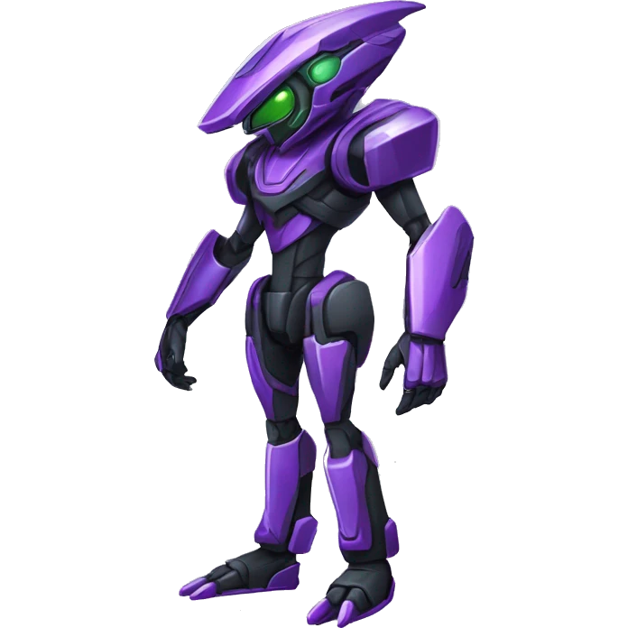 a shiny black-green-purple Genesect-Raptor-Fakémon-Medabot-hybrid with a futuristic visor-helmet full body emoji