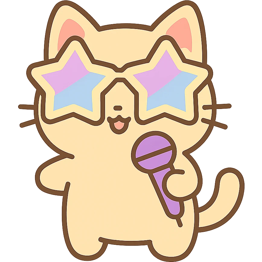 a kawaii cat with a star-shaped pair of sunglasses and a microphone, looking like a pop star emoji