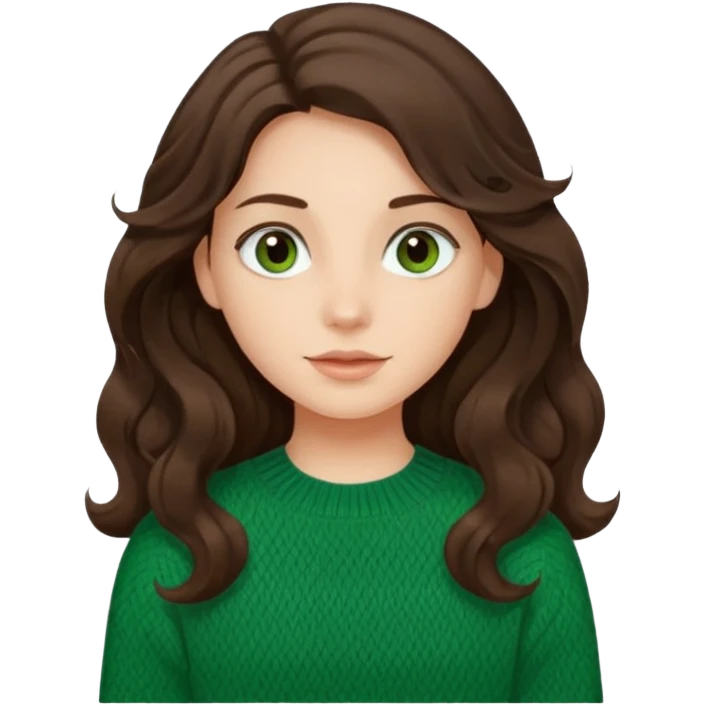 Una chica güera con pelo ondulado, café oscuro, largo, ojos cafés oscuros y con suéter o camisa verde emoji