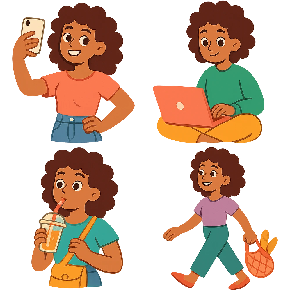 brown woman with curly hair, it girl, daily activities emoji