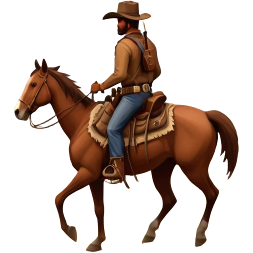 An icon representing an adventure game, inspired by Red Dead Redemption II. The design features a rugged cowboy riding a horse through a vast, open landscape with mountains, deserts, and wild animals. The atmosphere conveys exploration, action, and the thrill of the journey. Transparent background emoji