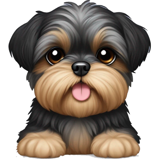 Shih tzu black puppy, yorkie coloring with light colored eyebrows. Round face, short ears. Looks like teddy bear  emoji