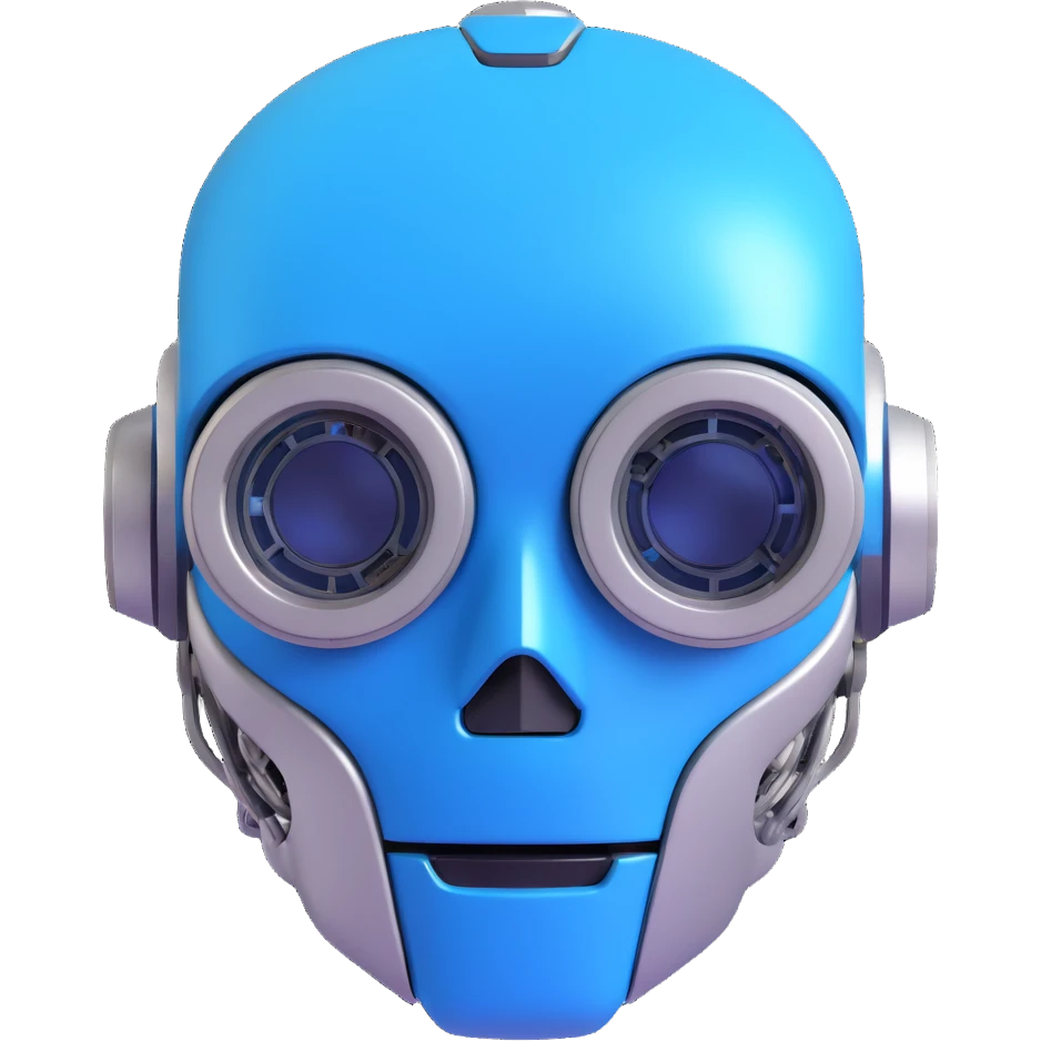 artificial intelligence, 3D style, robot head, blue and silver, tech details emoji