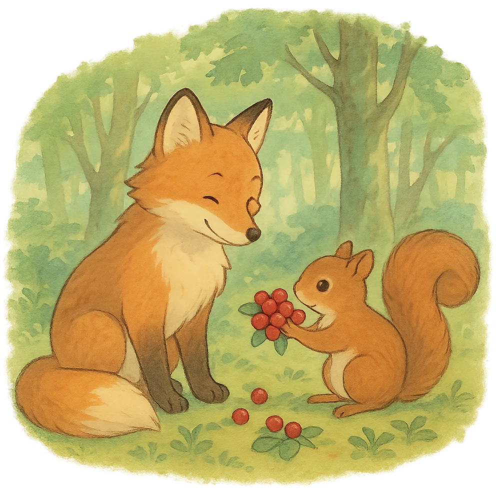 fox and squirrel sharing berries, forest friendship scene, soft pastel colors, ghibli style emoji