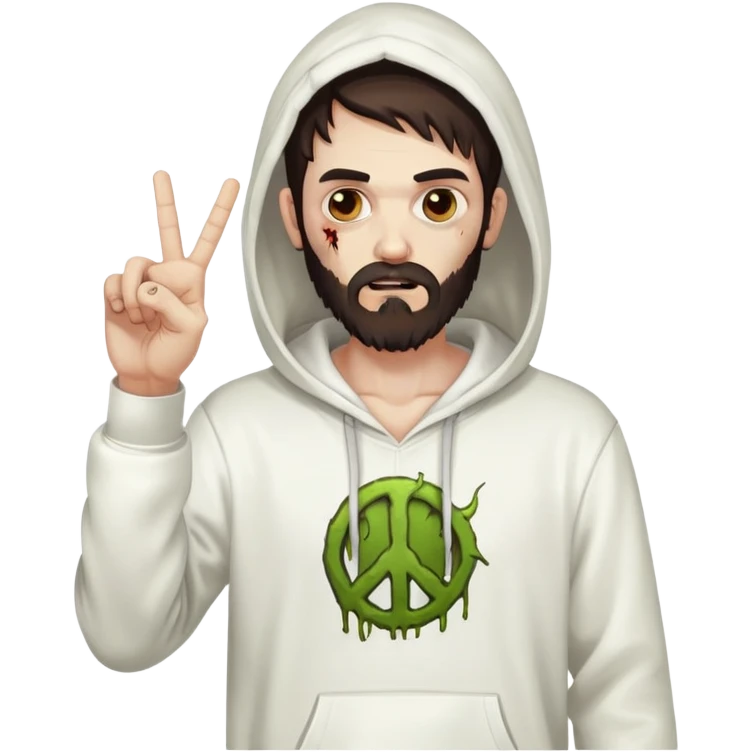 zombie with peace sign gesture wearing white hoodie, with dark brown hair and short full beard emoji