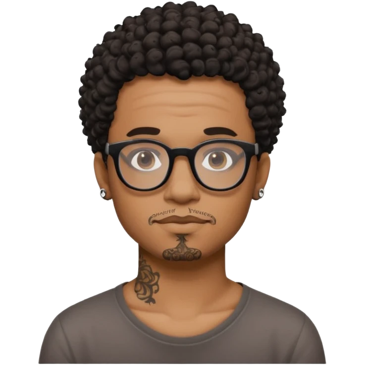 Black man emoji with short curly hair, black glasses, small neck tattoo, artistic and adventurous vibes emoji